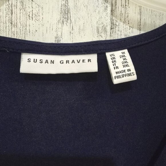 Susan Graver Women's Blouse Size 1X Navy Blue Gold Zipper Office Stretchy V Neck - Picture 5 of 14
